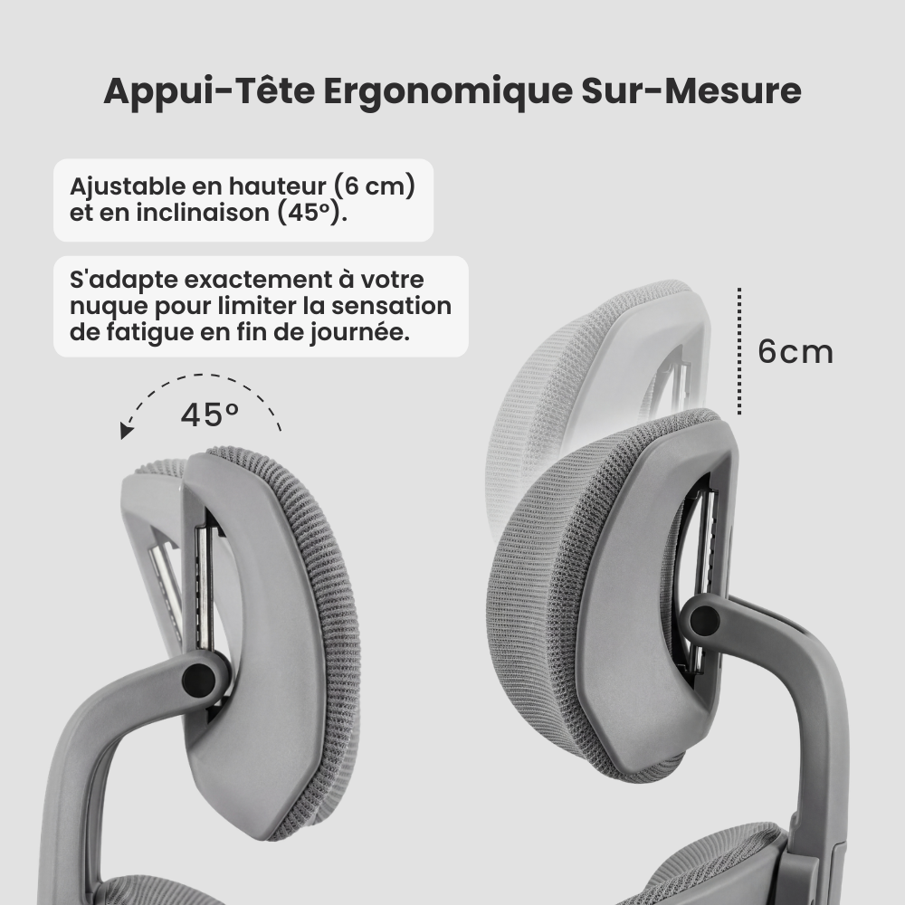 Appui-tête sur mesure ajustable en hauteur et en inclinaison, s'adapte parfaitement.