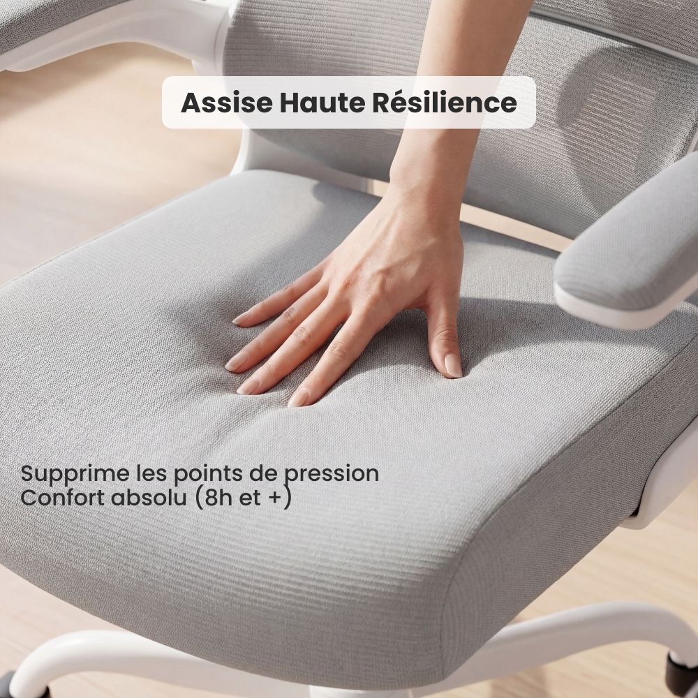Coussin d'assise en mousse épaisse haute résilience pour supprimer les points de pression et garantir un confort de plus de 8 heures.