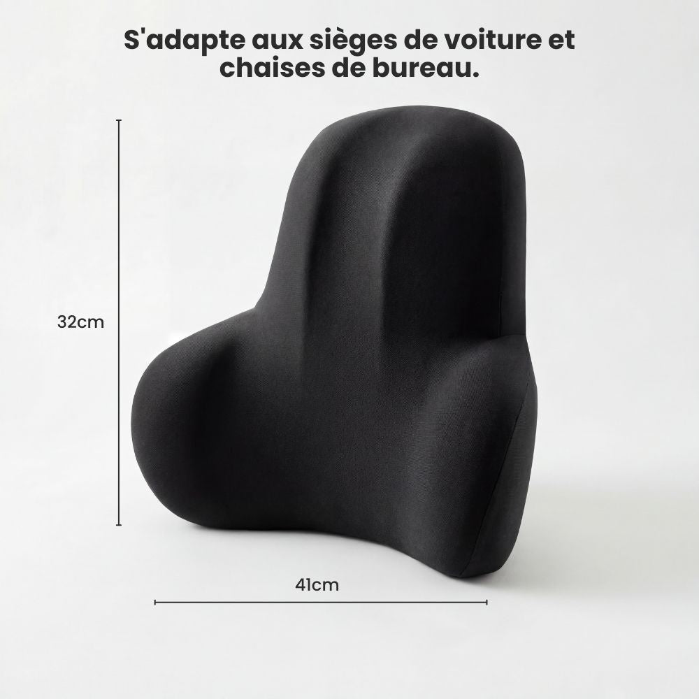 Caractéristiques du coussin lombaire universel : housse déhoussable et revêtement en maille mesh 3D respirante anti-transpiration.