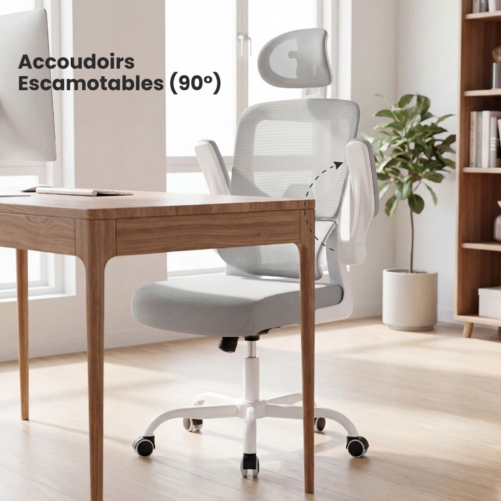 Chaise de bureau ergonomique Dorsivia avec accoudoirs escamotables pliables à 90 degrés pour un gain de place sous le bureau.