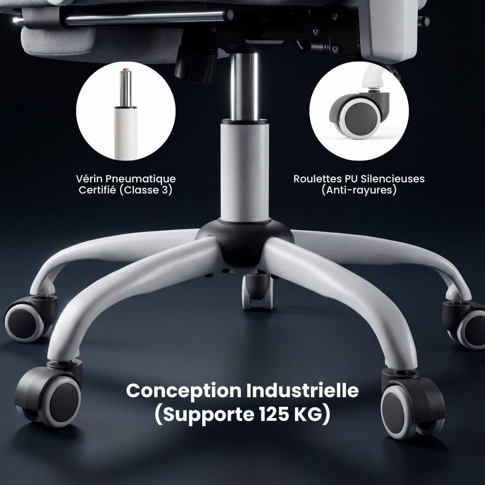 Conception industrielle robuste avec vérin certifié classe 3 et roulettes PU.