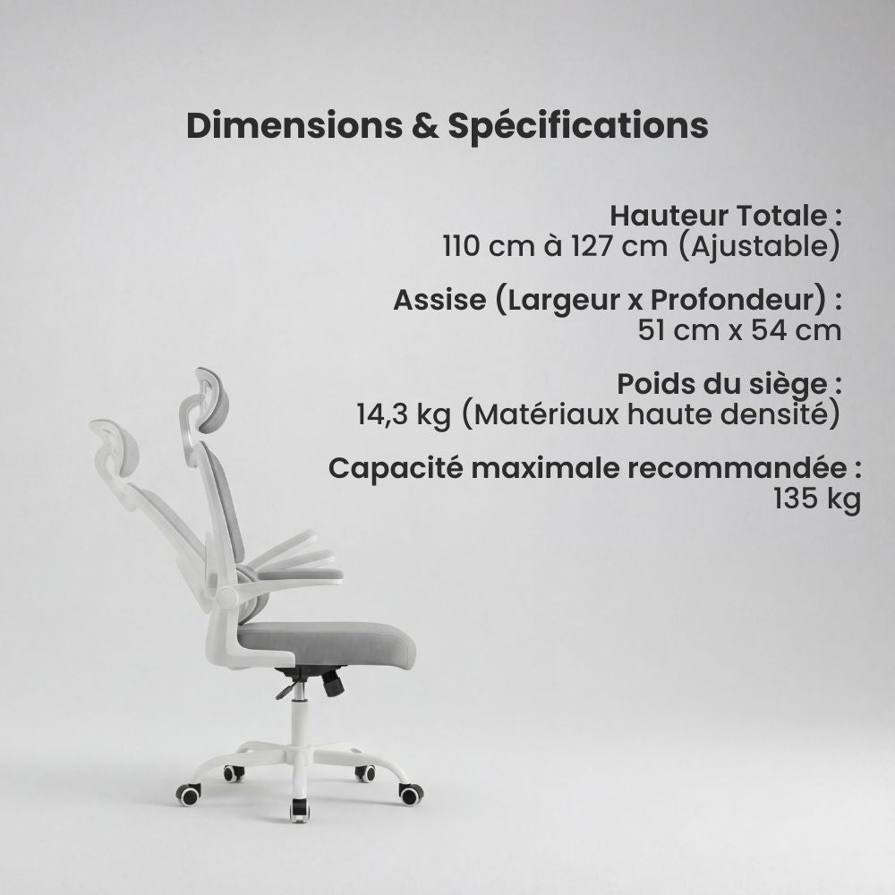 Dimensions complètes de la chaise de bureau ergonomique avec hauteur totale, largeur d'assise et charge maximale de 125 kg.