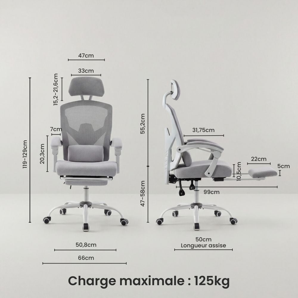 Dimensions complètes du fauteuil ergonomique avec repose-pieds et charge maximale.