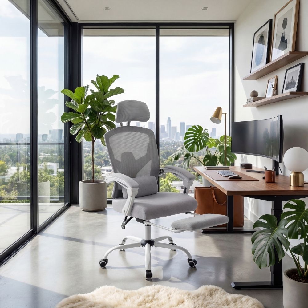 Fauteuil de bureau ergonomique gris avec repose-pieds entièrement déplié pour étendre les jambes en télétravail.