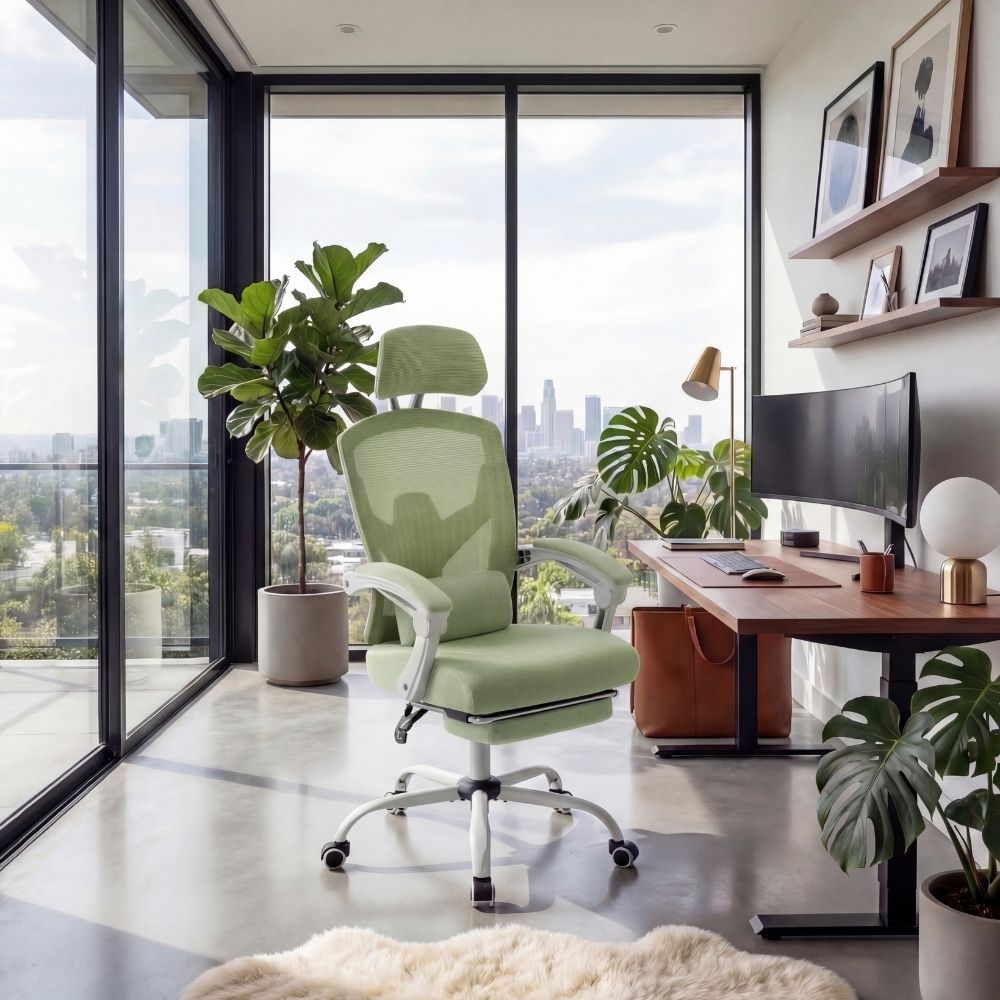 Fauteuil de bureau ergonomique Élite vert d'eau avec repose-pieds rétracté, créant une ambiance de travail apaisante.