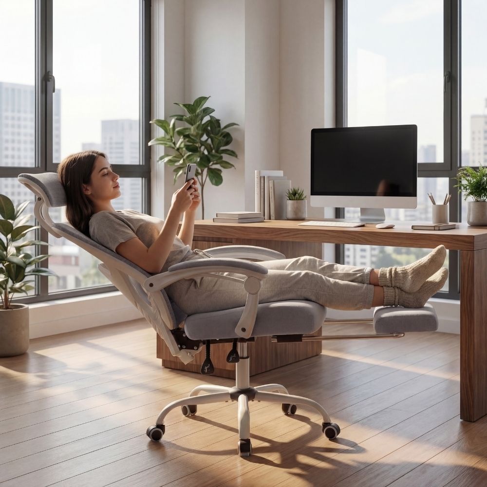 Femme se détendant sur son fauteuil incliné avec le repose-pieds déployé consultant son smartphone.