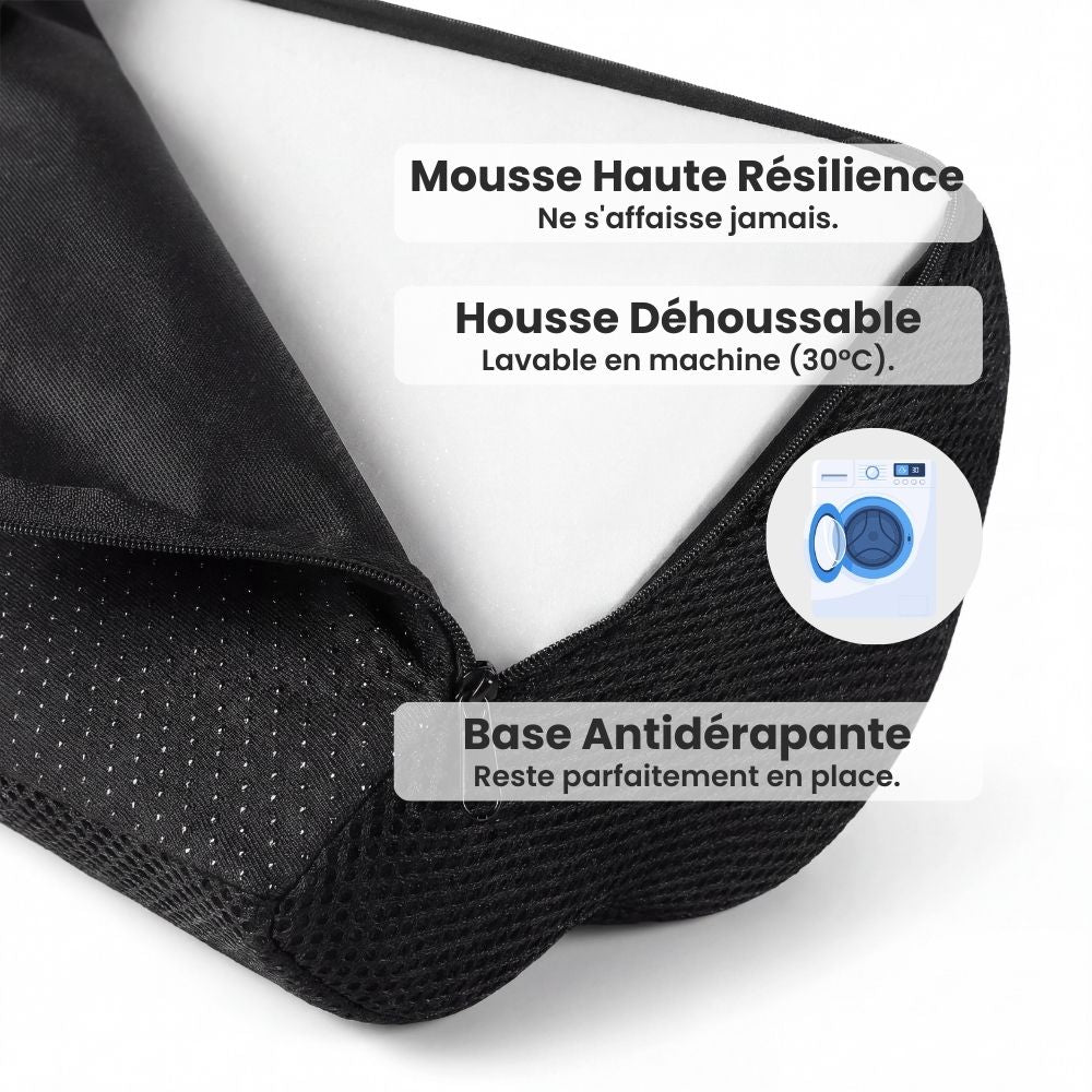 Détail de la housse lavable en maille 3D et de la mousse haute résilience du coussin repose-pieds Dorsivia avec base antidérapante.