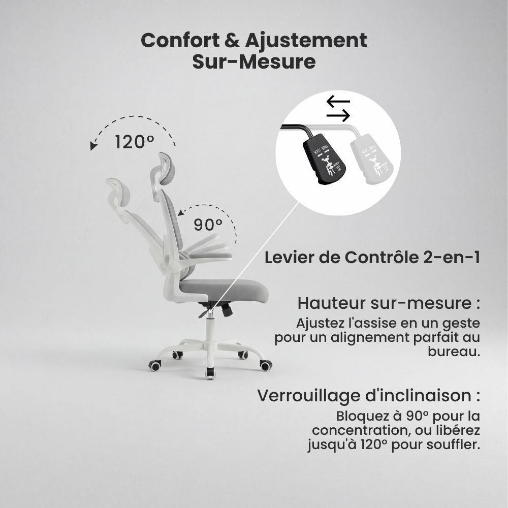 Confort sur-mesure avec levier de contrôle 2-en-1 pour ajuster la hauteur de l'assise et verrouiller l'inclinaison à 90 ou 120 degrés.
