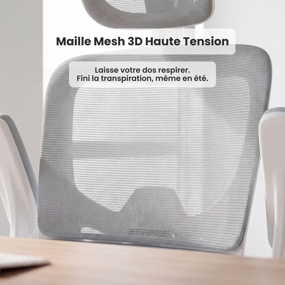 Maille Mesh 3D haute tension respirante pour éviter la transpiration et laisser le dos respirer lors du télétravail.