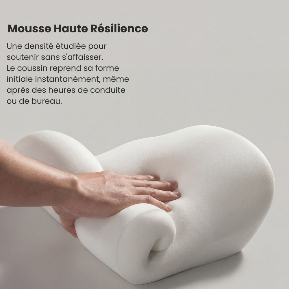 Détail de la mousse à mémoire de forme haute résilience du coussin lombaire, absorbant le poids du dos sans jamais s'affaisser.