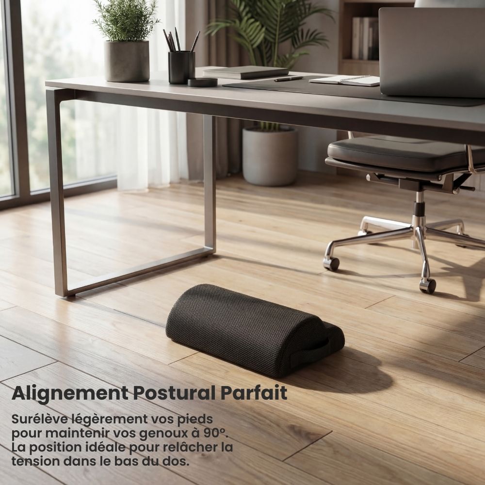 Coussin repose-pieds ergonomique placé sous un bureau pour assurer un alignement postural parfait et relâcher la tension lombaire.