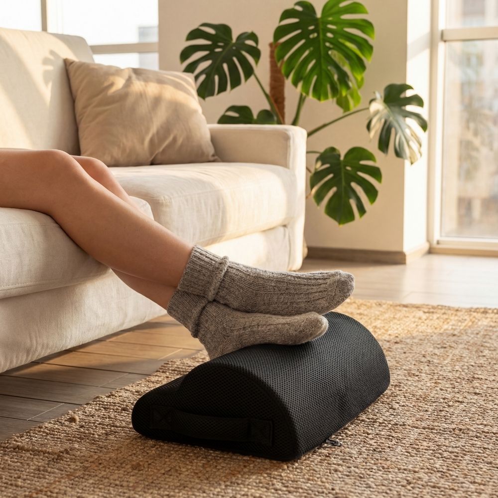 Détente au télétravail avec le repose-pieds de bureau en mousse à mémoire de forme Dorsivia, offrant un soutien doux et respirant.