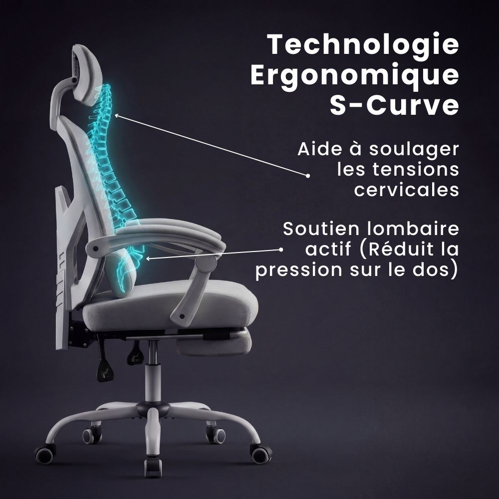 Technologie ergonomique S-Curve offrant un soutien lombaire actif et cervical.